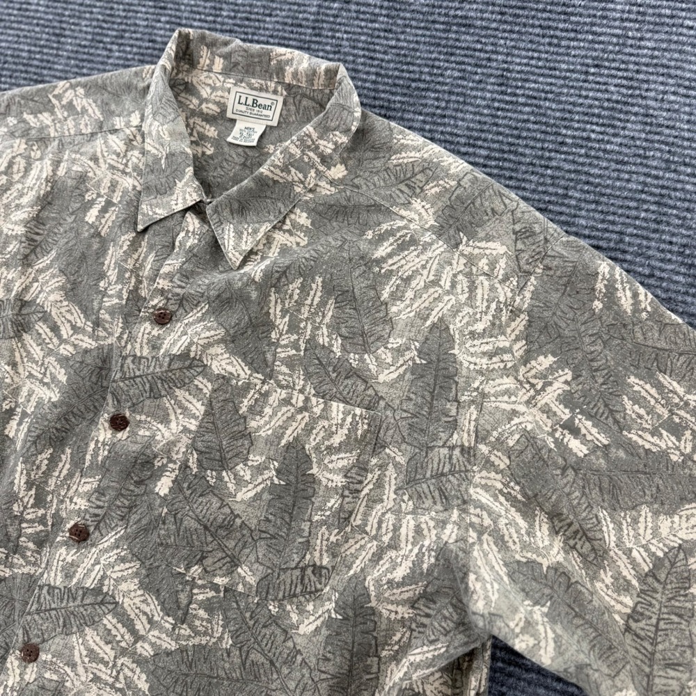 LL Bean Mens XL Tall Green Tropical Fern Leaf Print Cotton Button Down Shirt